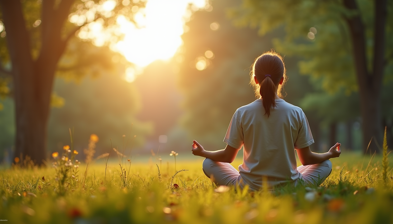 אישה יושבת במדיטציה בטבע בשעת זריחה, תרגול להרגעת חרדה