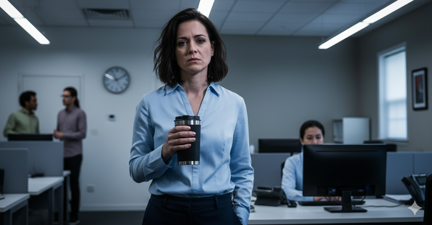 אישה עומדת במשרד עם כוס קפה ונראית עייפה ומותשת משינה לא טובה.