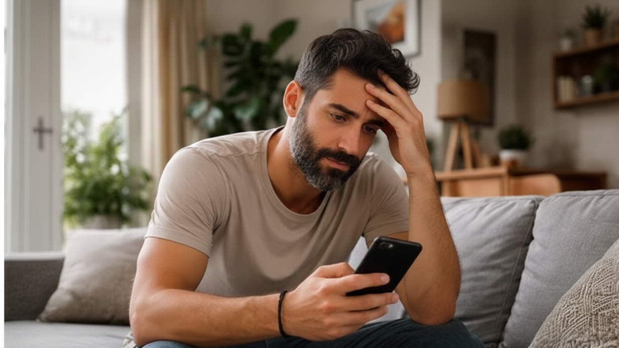 גבר לחוץ יושב על ספה ומביט בטלפון