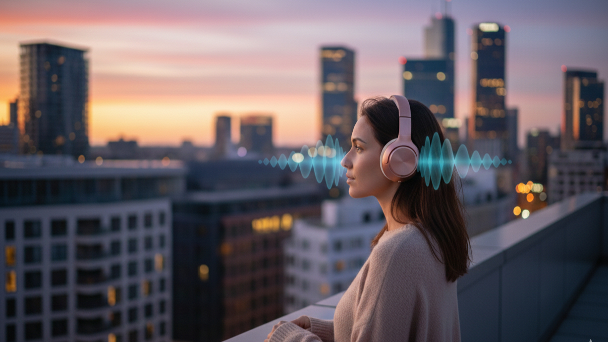 אישה עם אוזניות ורודות מאזינה למוזיקה על גג מול שקיעה עירונית עם גורדי שחקים ברקע. גלי קול צבעוניים נראים סביב האוזניות.