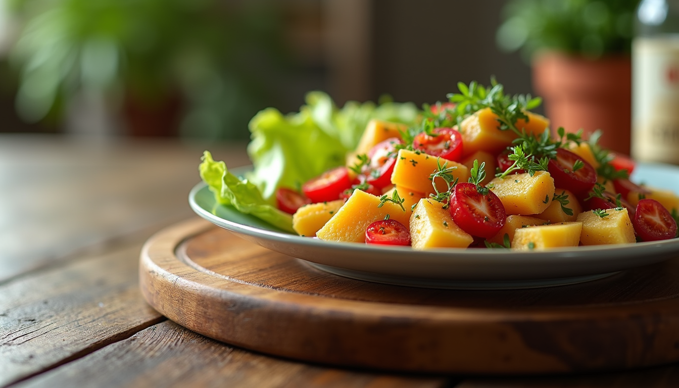 תקריב של צלחת אוכל צבעונית ומזינה על שולחן עץ