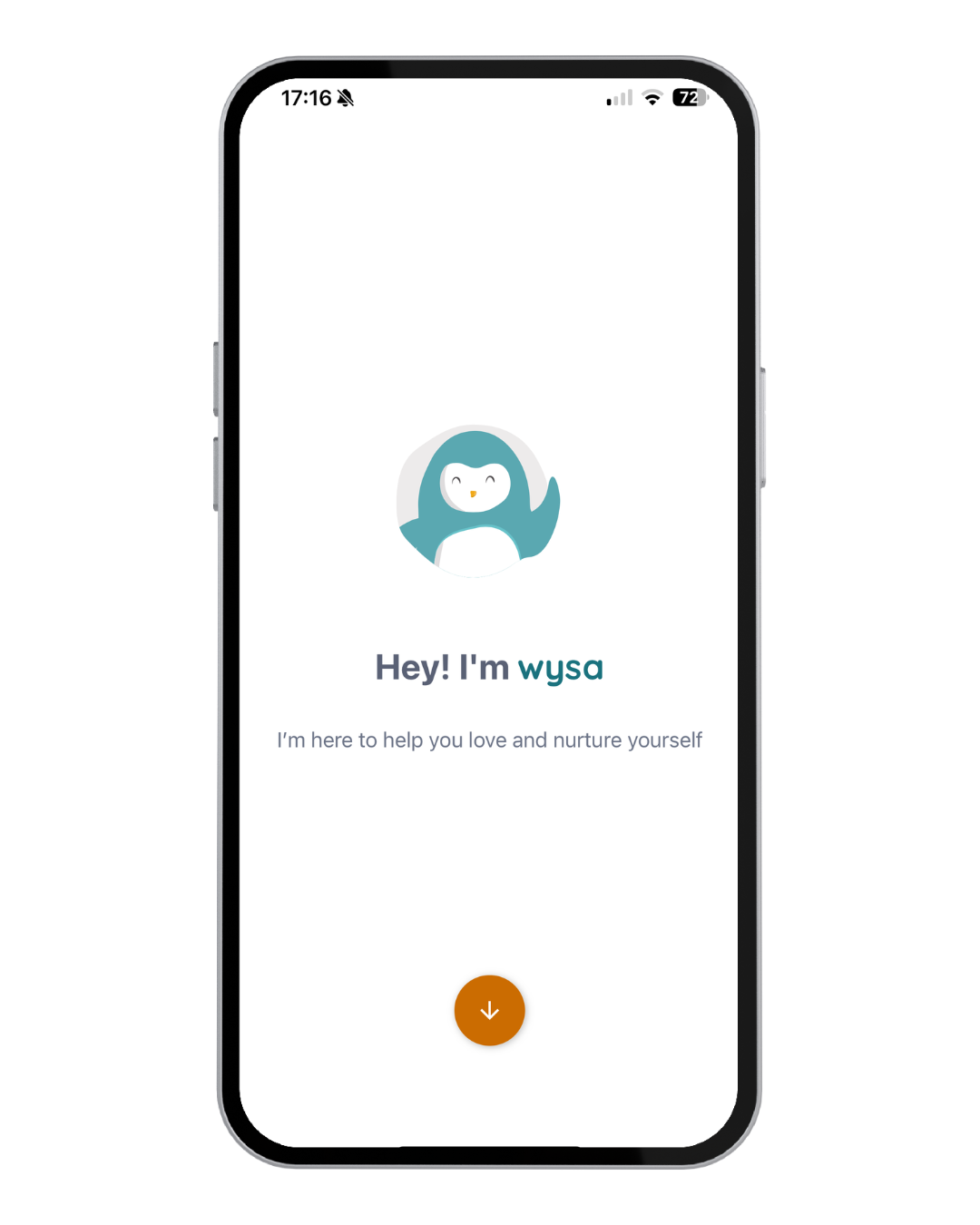 Smartphone screen showing Wysa app with a friendly penguin graphic. Text: "Hey! I'm wysa. I'm here to help you love and nurture yourself."