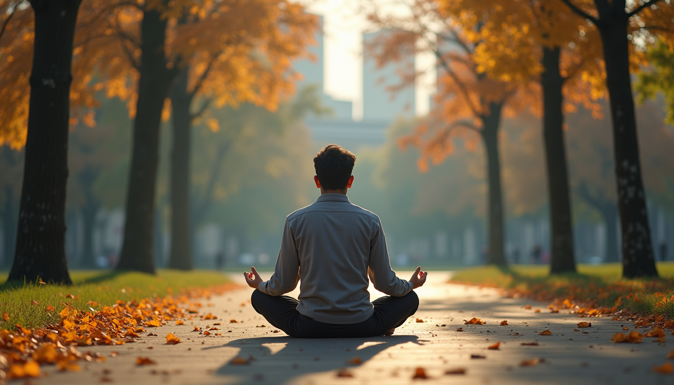 מבט בגובה העיניים על אדם יושב במדיטציה בפארק עירוני