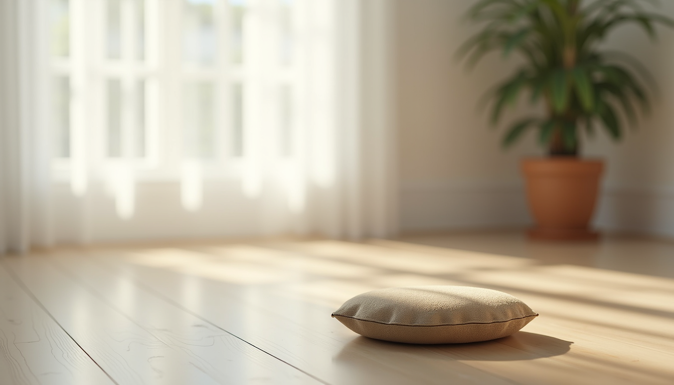 תקריב של כרית מדיטציה על רצפת עץ בהירה